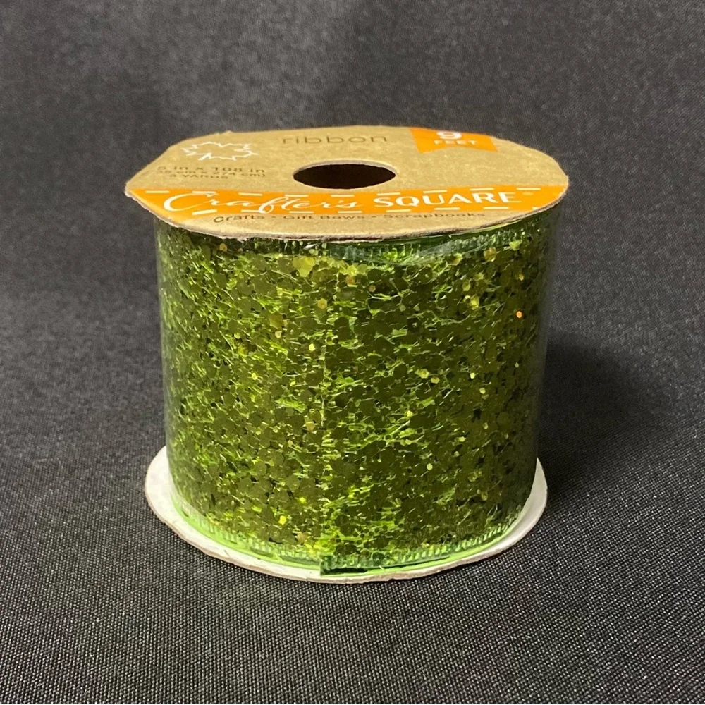 ⭐️ Crafter’s Square Bright Green Glitter Wire Edged Craft Ribbon 2.5” x 108”